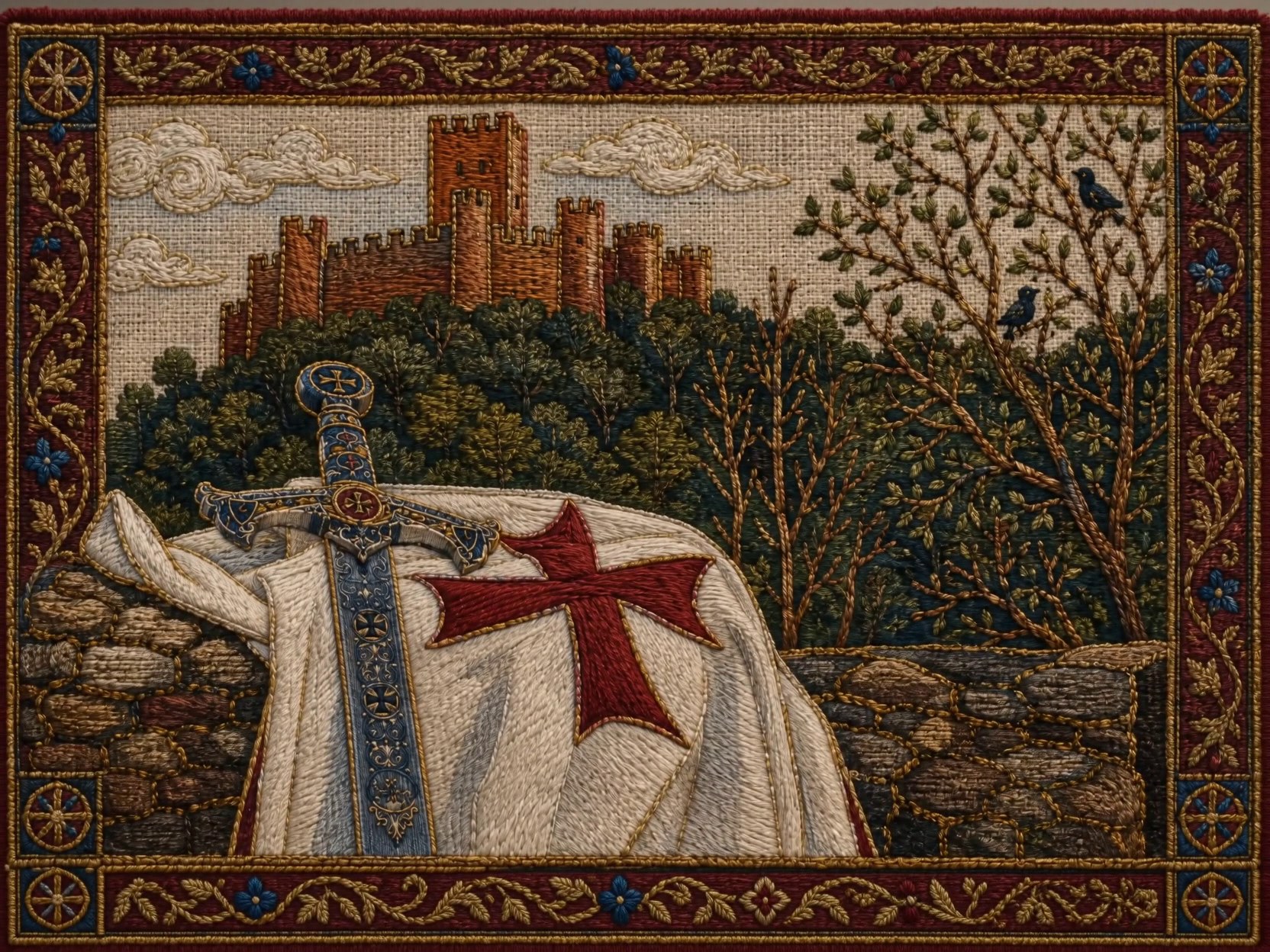 An embroidered tapestry of Almourol Castle above the Tagus, a Templar sword and red cross laid on a white mantle.